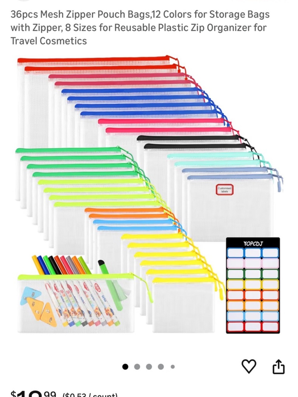 Mesh Zipper Pouch Bags (36 pcs) - Assorted Color Zip Organizers for Home Storage
